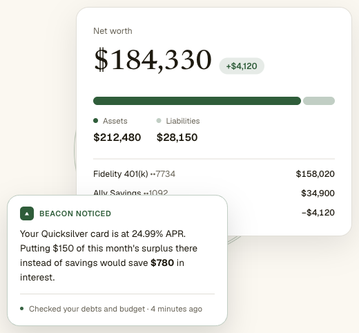 Beacon net worth screen showing a $184,330 balance, asset allocation bar, and a recommendation to move surplus cash to a high-interest card