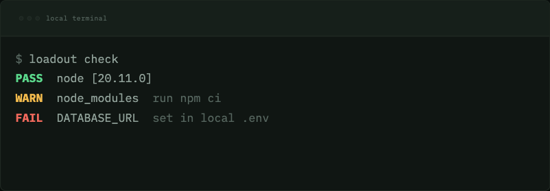 Loadout check output showing a passed Node check, an npm install warning, and a missing DATABASE_URL failure